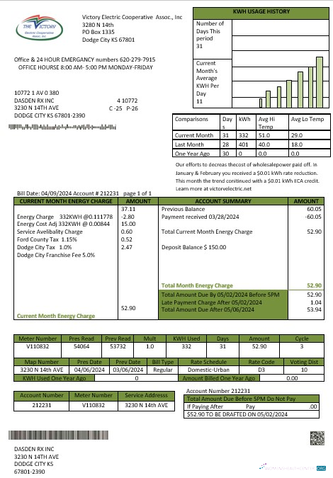 USA Kansas Victory Electric business utility bill template in Word and PDF formats
